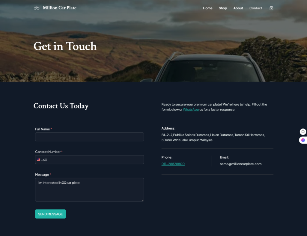 Million Car Plate Contact Page